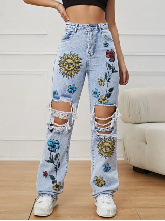 Blue printed denim pants